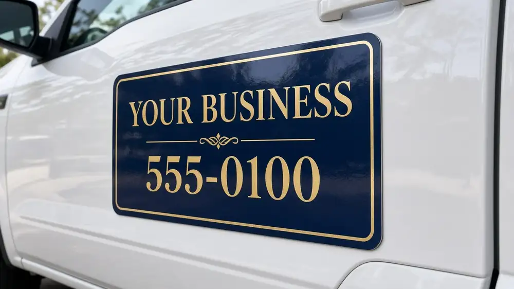 Navy magnetic business sign on a white pickup truck door