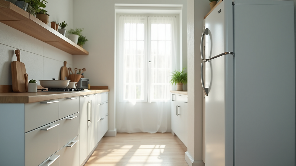Eye-level view of a modern kitchen with a white refrigerator