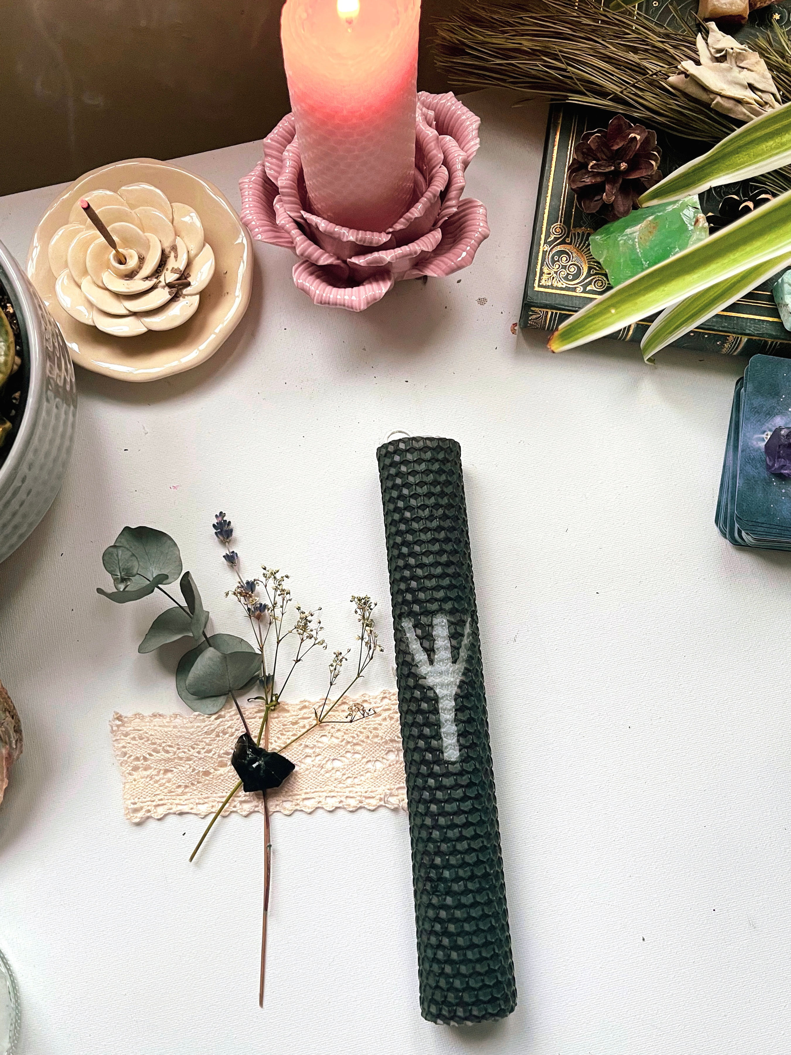 Black Runic Candle with Algiz Protection Rune & Obsidian Crystal