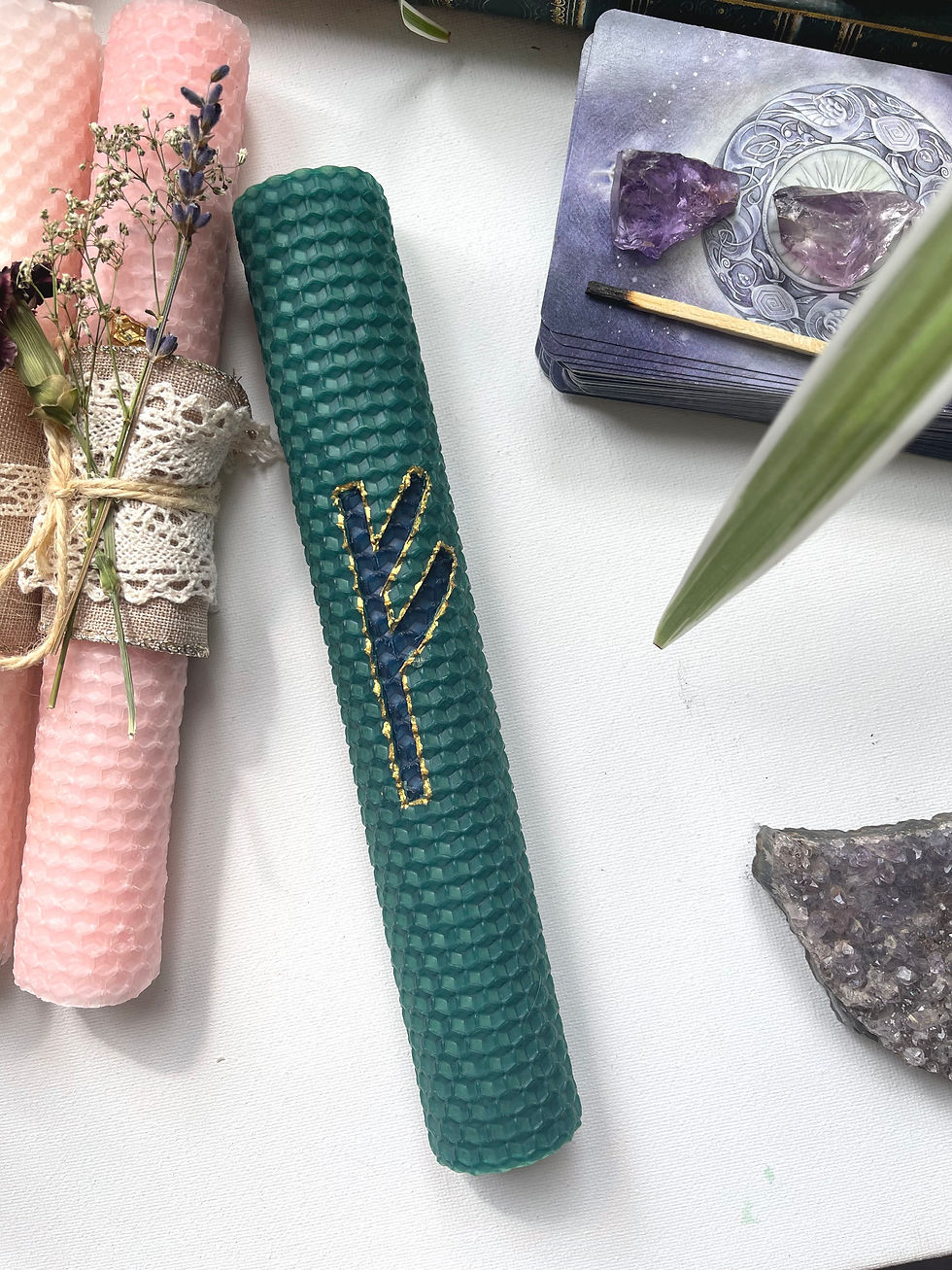 Thumbnail: Money & Abundance Rune Candle w/ Fehu & Green Aventurine Crystal | Norse Candles