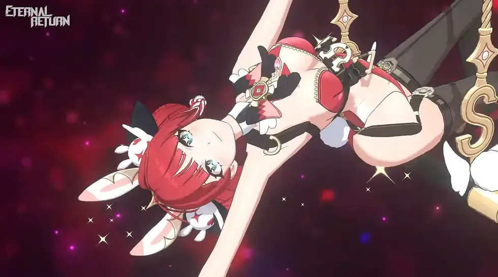 Justyna from Eternal Return in a bunny girl costume - swinging from a trapeze.