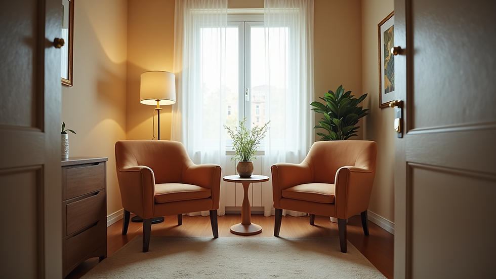 Eye-level view of a cozy counseling room with two chairs facing each other