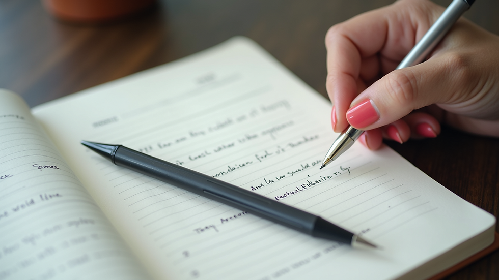 Close-up view of a therapist’s notebook with therapy notes and a pen