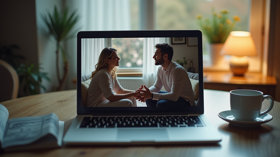 Close-up view of a laptop screen showing a virtual couples therapy session