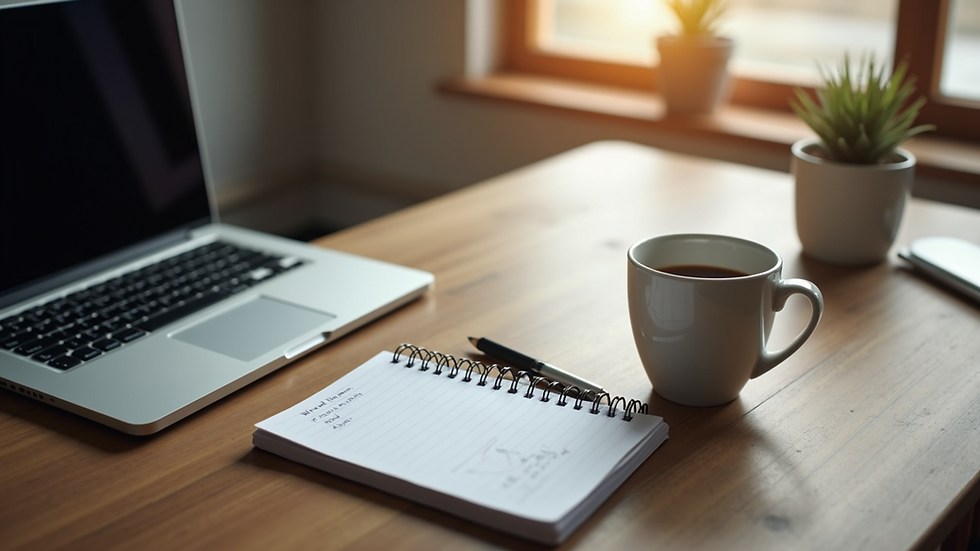 High angle view of a therapist’s desk with a laptop, notebook, and a cup of coffee