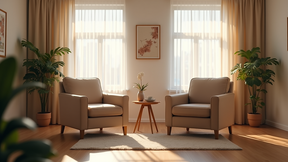 Eye-level view of a cozy therapy room with comfortable chairs and soft lighting