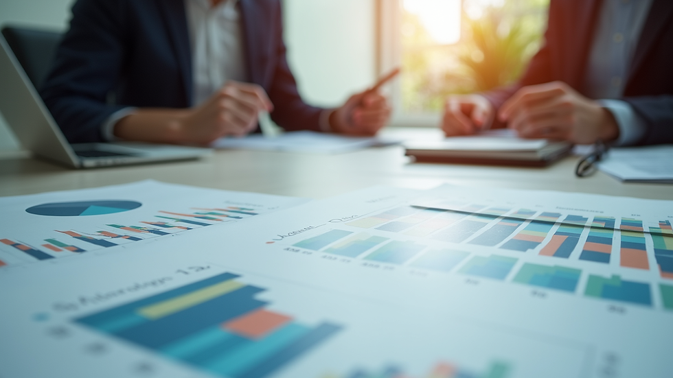 Close-up view of a business meeting with marketing charts on the table