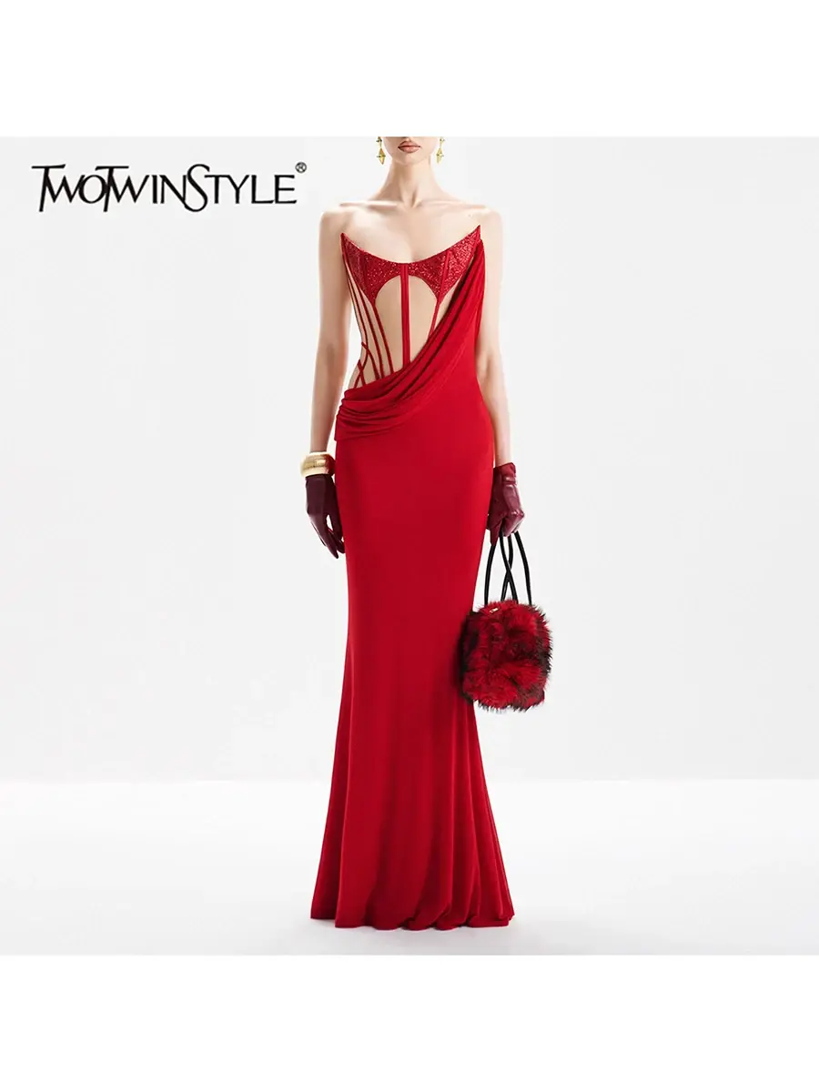 Strapless Sleeveless Sheer Spliced Sequin Trumpet Dress for Women