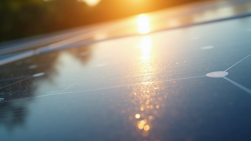 Close-up view of solar panel surface with sunlight reflecting