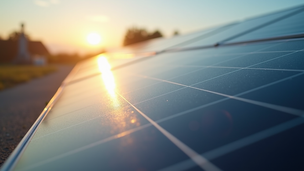 Close-up view of solar panel surface with sunlight reflection