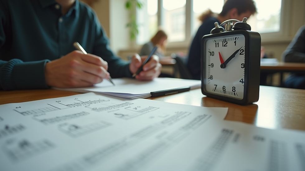 Eye-level view of a student desk with past exam papers and a timer