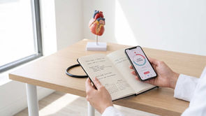 Hands hold a notebook and phone showing Cycle Tracking beside a heart model on a bright desk, suggesting medical study.