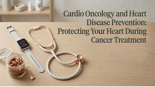 Stethoscope, smartwatch, nuts, and heart pendant on a wooden table. Text: "Cardio Oncology and Heart Disease Prevention."