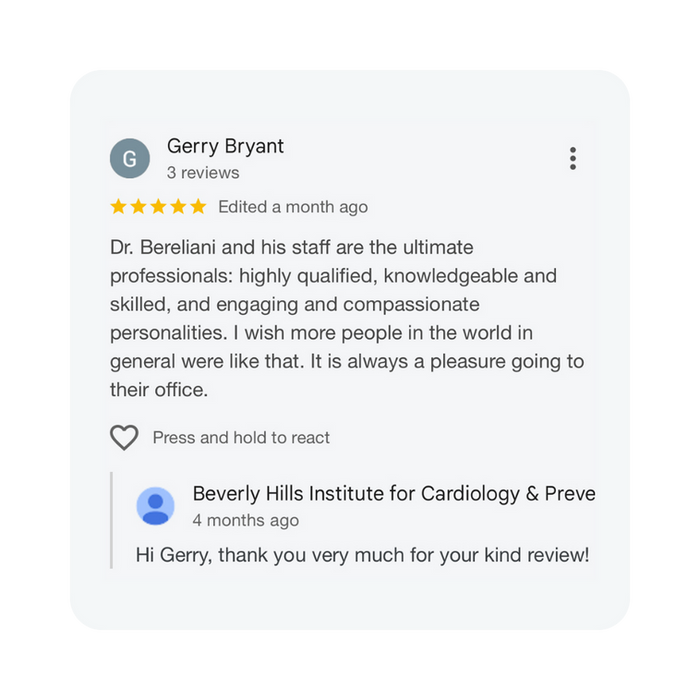 Five-star Google review describing Dr. Bereliani and his staff as highly qualified, professional, and compassionate, calling visits a pleasure.