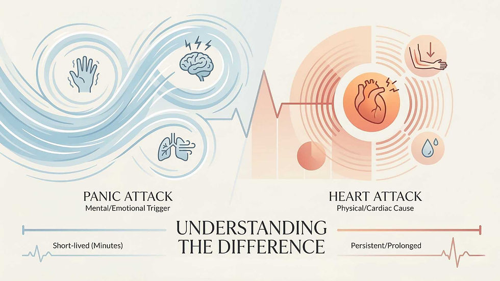 Infographic compares panic and heart attacks. Left: blue waves, brain, hand, lung icons. Right: red waves, heart, arm, droplet. Text: "Understanding the Difference."