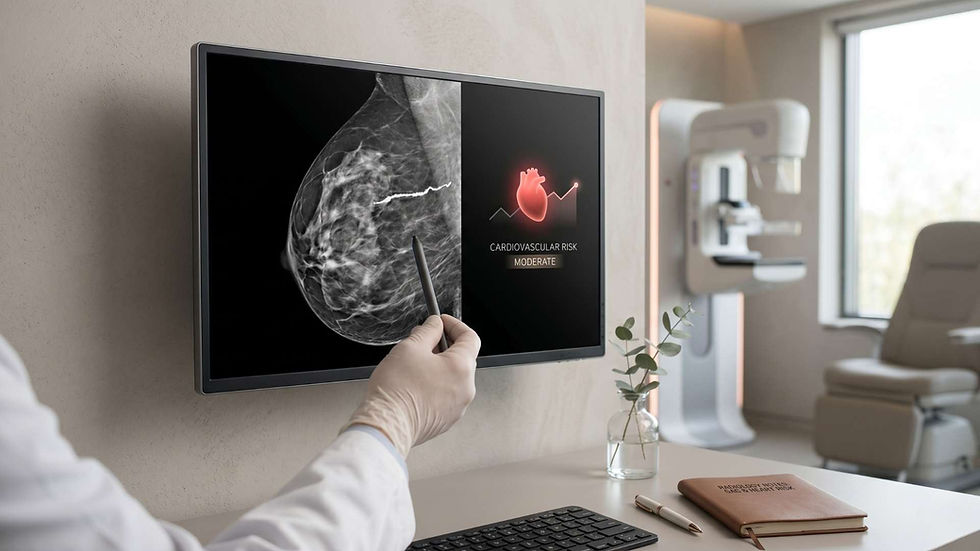 Doctor points at breast X-ray on monitor showing "Cardiovascular Risk Moderate." Office with mammogram machine and notebook visible.