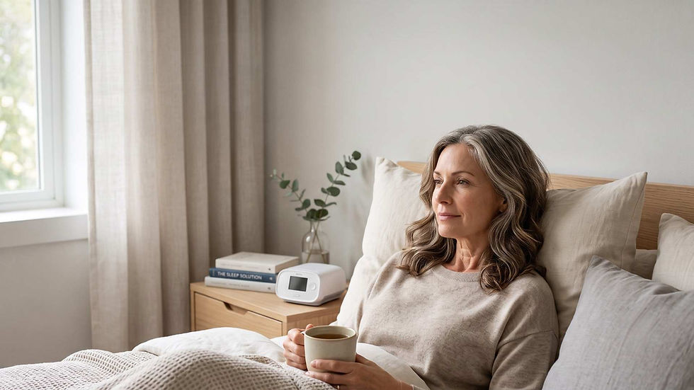 Woman in bed holding a mug in a calm bedroom, with a bedside table, books, and a device labeled The Sleep Solution.