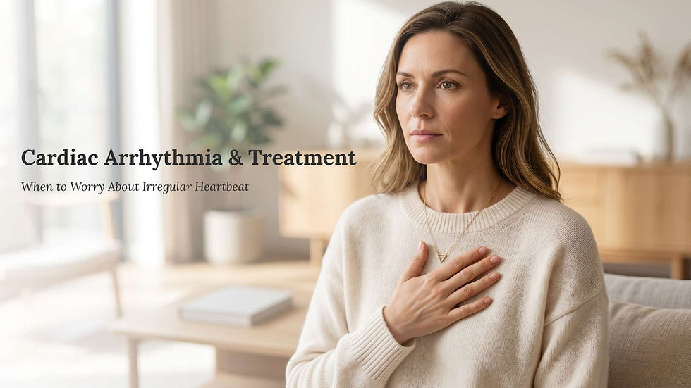 Woman in a sweater with a hand on her chest, looking concerned. The text reads "Cardiac Arrhythmia & Treatment: When to Worry About Irregular Heartbeat."