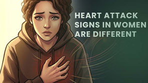 Illustration of a concerned woman clutching her chest with subtle heart pain highlights, alongside text stating that heart attack signs in women are different.