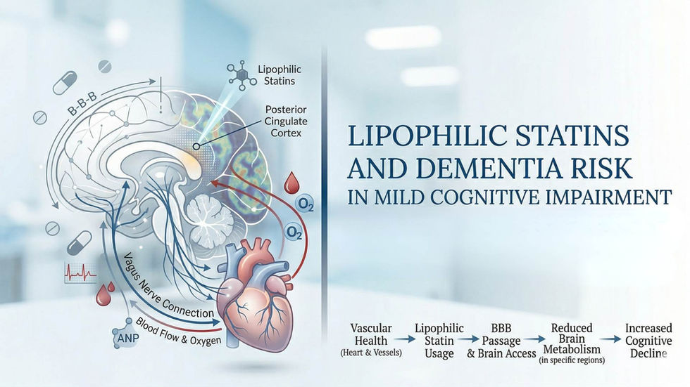 Illustration of brain and heart with arrows, pills, and text on "Lipophilic Statins and Dementia Risk." Blue and red tones dominate.