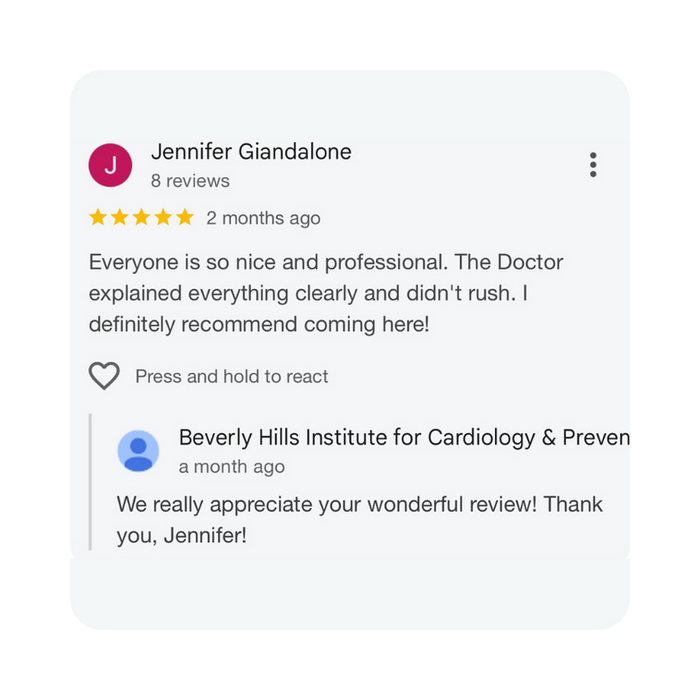 Five-star Google review praising the professionalism of the office and Dr. Bereliani’s clear explanations without rushing.