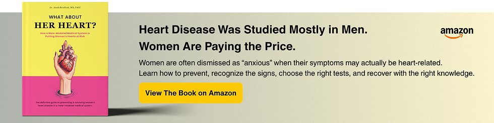 Book cover titled "What About Her Heart?" by Dr. Arash Bereliani. Ad highlights gender bias in heart disease study. Amazon link included.
