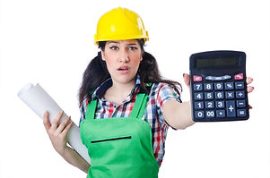 Woman builder with calculator on white.j