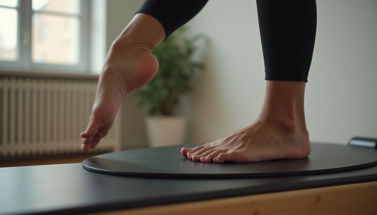 Close-up view of a person performing a leg stretch on a Reformer Pilates machine