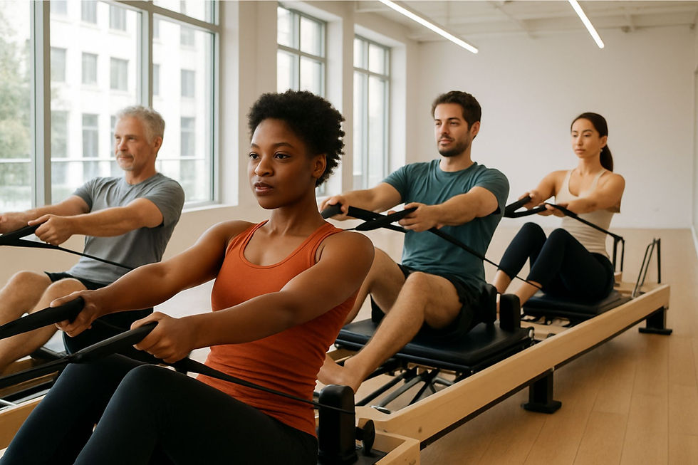 A group doing reformer pilates at Aire Studio, Dubai for building Core Strength
