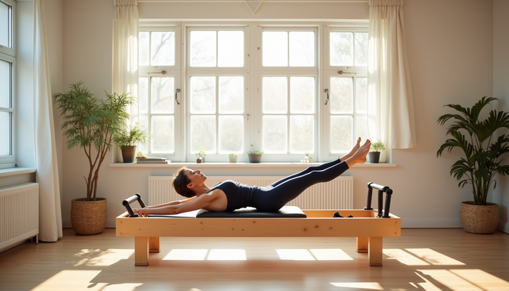 Eye-level view of a Reformer Pilates machine in a bright Dubai studio