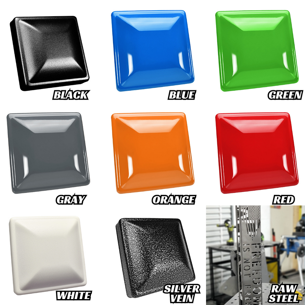 Thumbnail: Color options for custom designs: Black, Blue, Green, Gray, Orange, Red, White, Silver Vein, and Raw Steel finish.