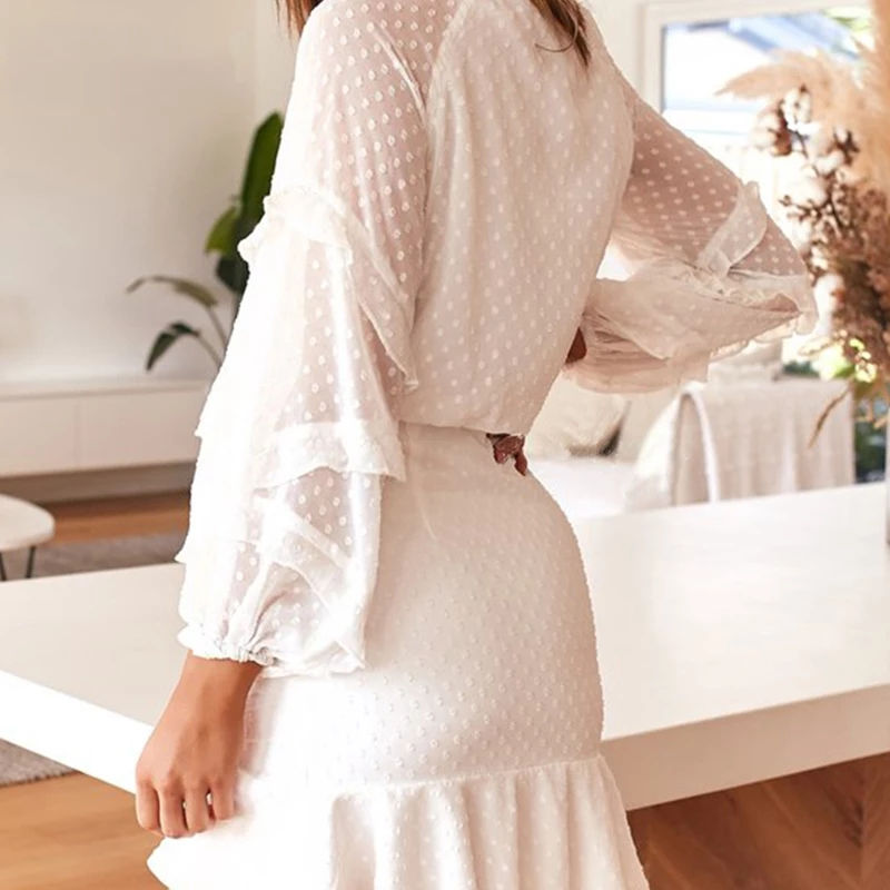 Miniatura: Vestido lace ruffle cuello alto HK89