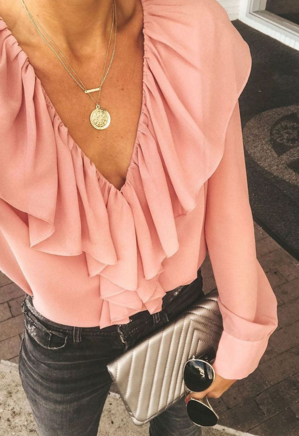 Miniatura: Blusa rufle escote V femme manga larga QQJH