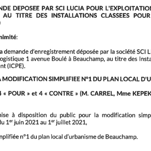 30/09/2021 - La mairie de Beauchamp modifie le PLU validant un projet ICPE