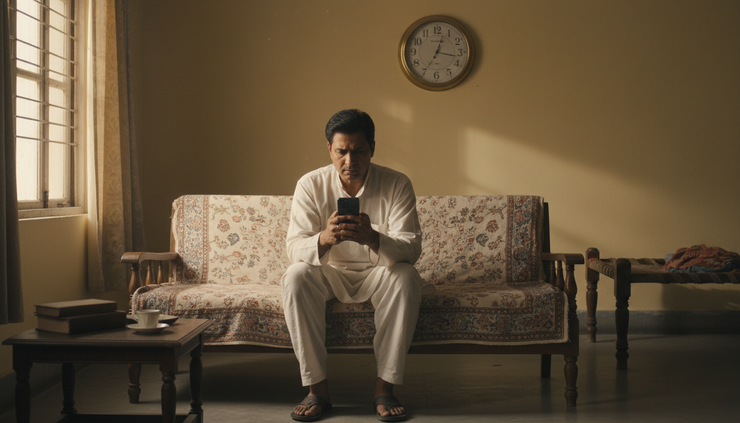 Eye-level view of a person checking a phone at home beside a wall clock