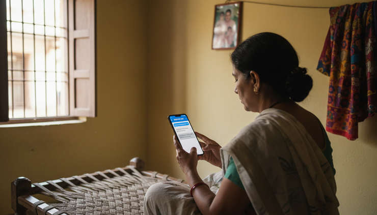 Over-the-shoulder view of a borrower messaging for debt help on a phone