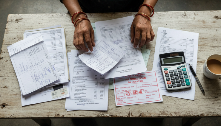 Close-up of hands sorting medical bills, bank statements, and loan notices