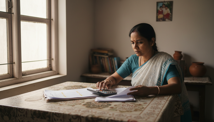Eye-level view of a person reviewing loan papers at a small dining table