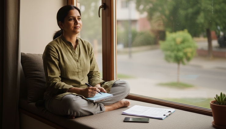 Eye-level view of a person sitting calmly by a window with a budget notebook