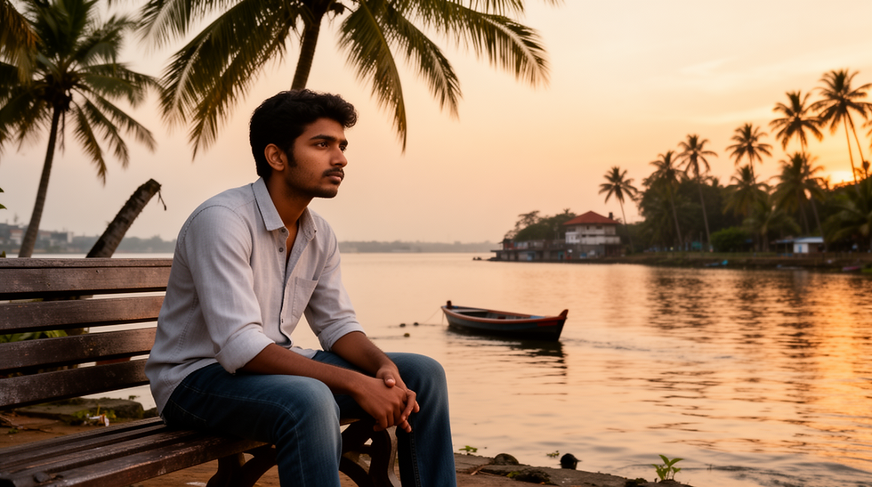 Young man by the Kochi backwaters thinking about loan app debt help in Kochi