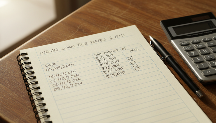 Close-up of handwritten loan due dates in a notebook