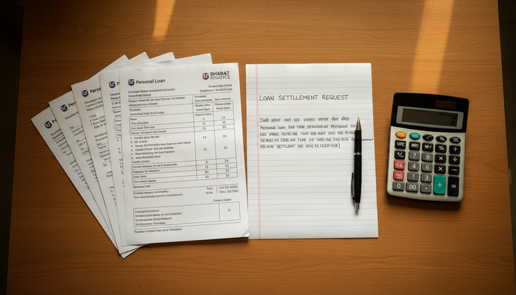 Top-down view of a handwritten settlement request beside a calculator