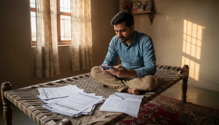 Wide-angle view of a person holding a phone with loan papers spread on a bed