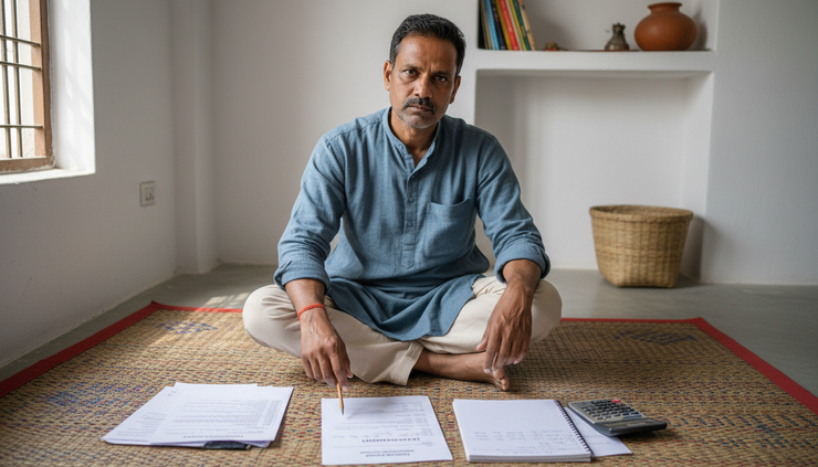 Eye-level view of a worried person checking loan papers at home