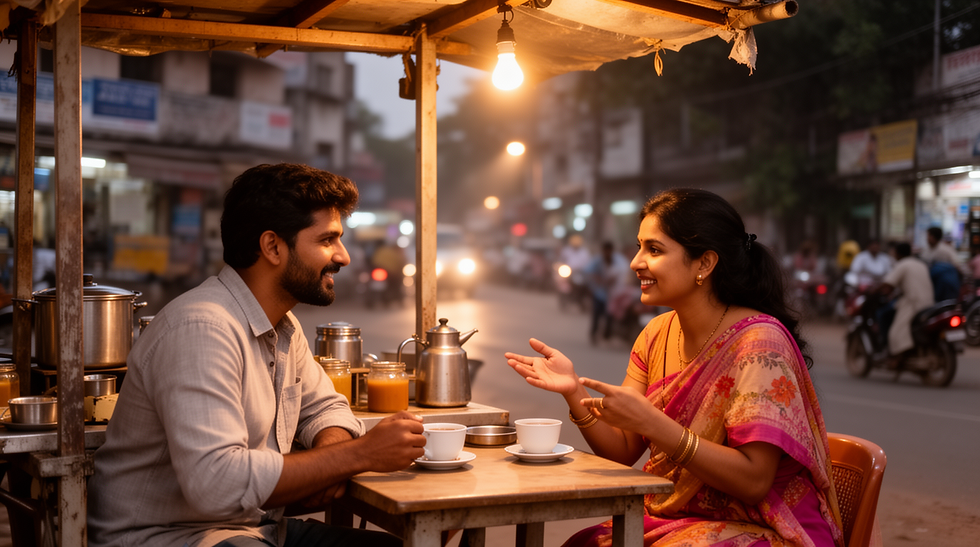 Colleagues in Pune discussing loan app debt help over tea