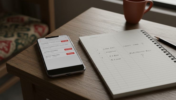 Close-up view of a phone showing payment reminders beside handwritten notes