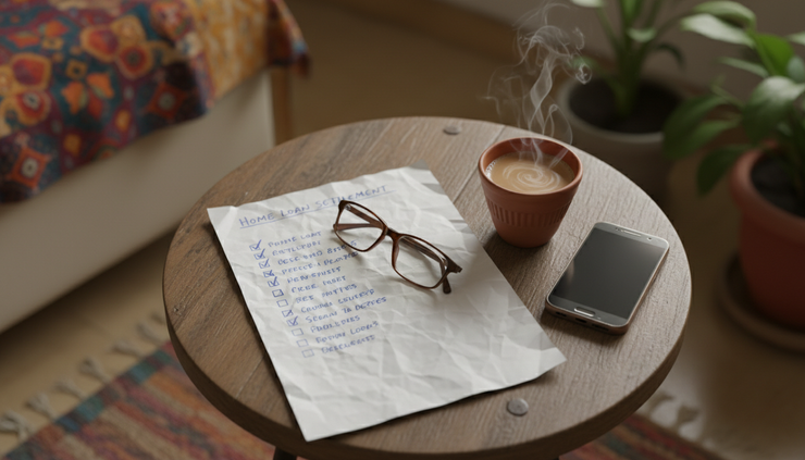 Top-down view of a simple settlement checklist beside a cup of chai