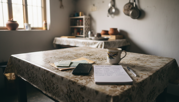 Wide-angle view of a kitchen table with a phone and household bills