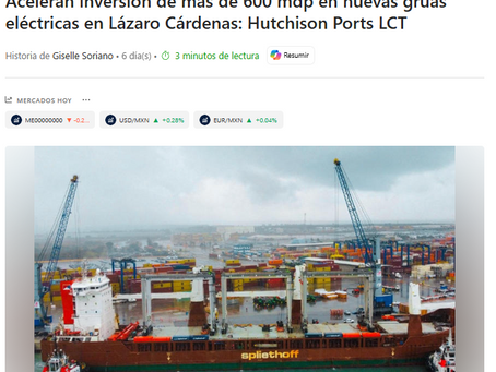 Milenio - Aceleran inversión de más de 600 mdp en nuevas grúas eléctricas en Lázaro Cárdenas: Hutchison Ports LCT