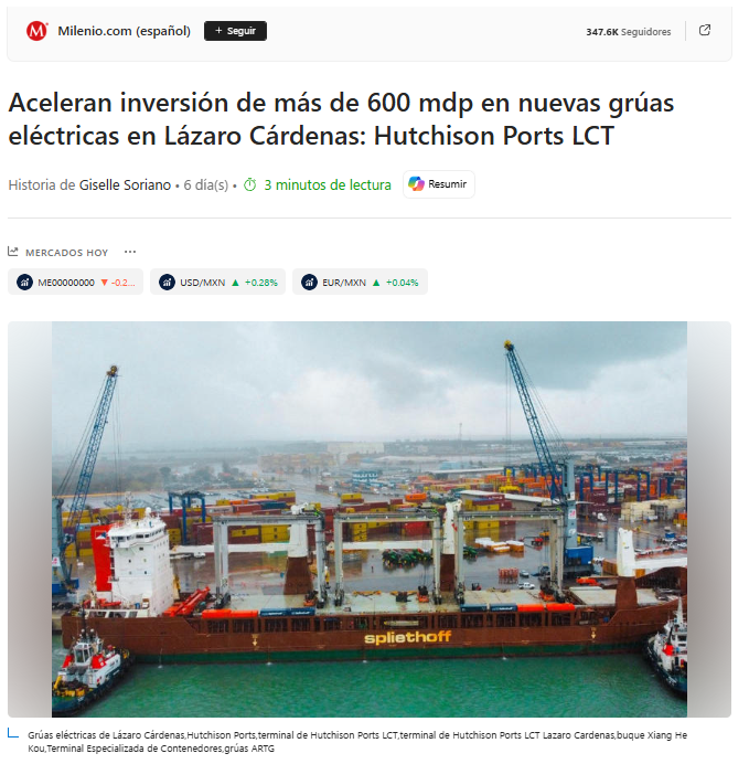 Milenio - Aceleran inversión de más de 600 mdp en nuevas grúas eléctricas en Lázaro Cárdenas: Hutchison Ports LCT 